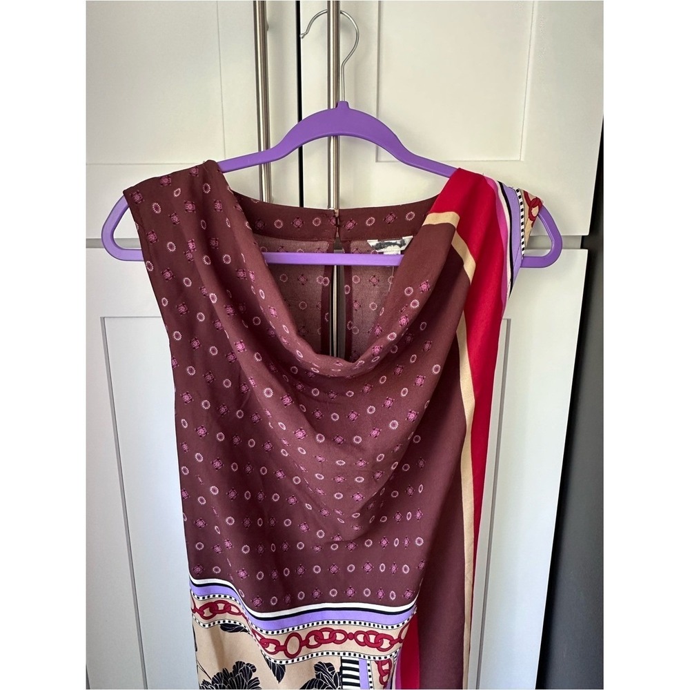 Cato Scarf Print Midi Dress Women Size 14/16 Brown Red Cowl Neck Sleeveless 0109